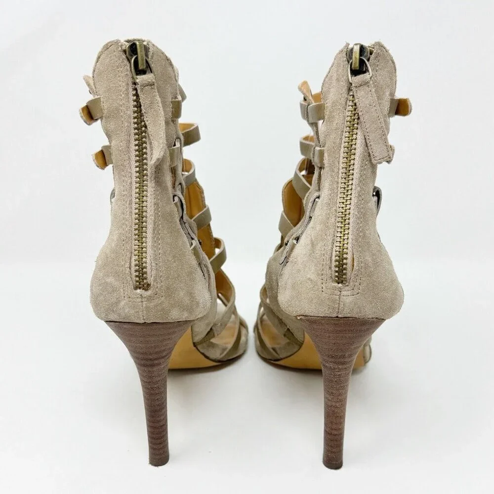 Levity Gladie Strappy Leather Stacked‎ Heel Taupe Gladiator Tan Ankle Mule 8